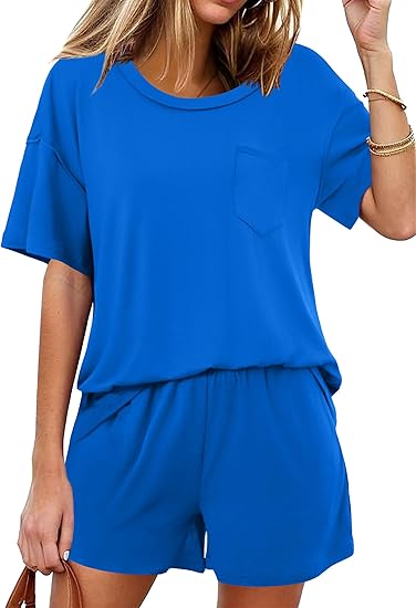 Ekouaer Women's 2 Piece Pajama Sets Short Sleeve Lounge Sets Soft Round Neck Top and Shorts Sleepwear