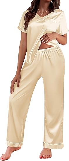 Ekouaer Satin Pajamas for Women Short Sleeve Silk Pajama Sets Soft Sleepwear Top with Causal Long Pj Pant