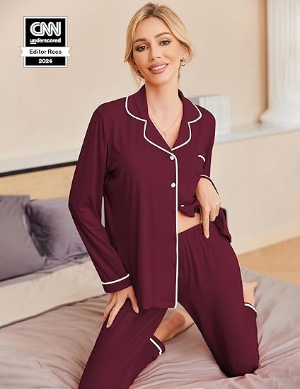 Ekouaer Pajamas Women's Long Sleeve Sleepwear Soft Button Down Loungewear Pjs Lounge Set Nightwear