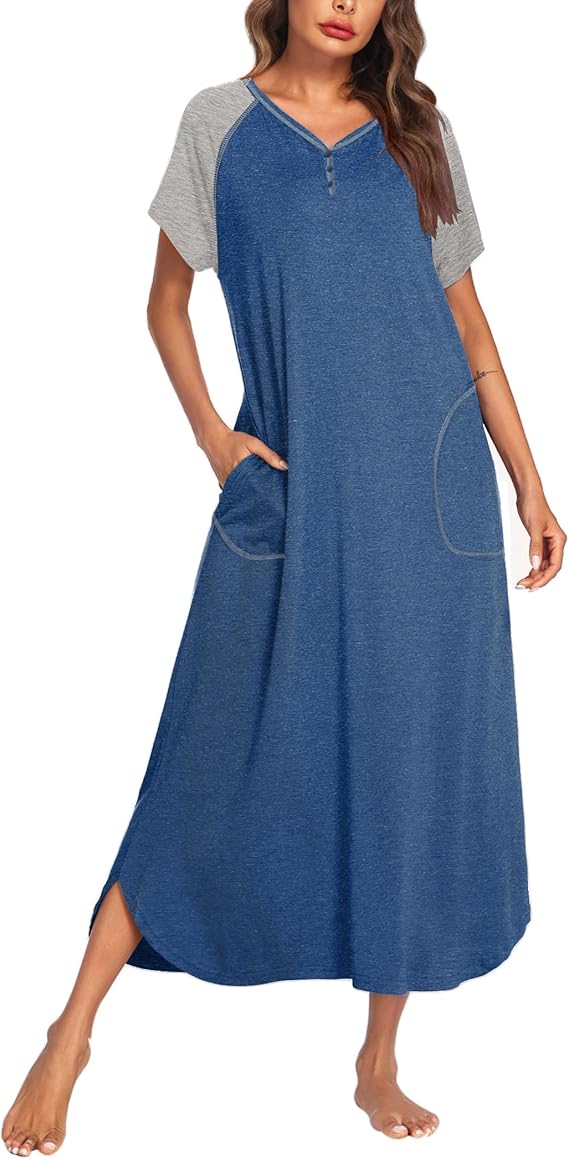 Ekouaer Long Nightgown Women's Loungewear Short Sleeve Sleepwear Full Length Sleep Shirt with Pockets