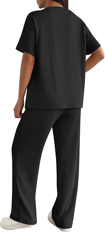 Ekouaer Lounge Sets for Women 2 Piece Matching Travel Outfits 2026 Loose Short Sleeve Top Wide Leg Pants Pockets