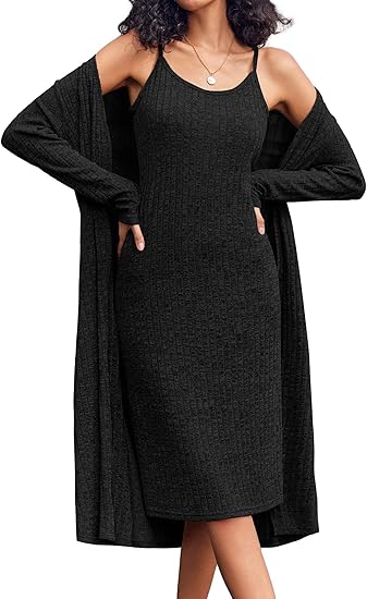 Ekouaer Womens Knit Robe Set 2 Piece Nightgown with Robes Long Sleeves Lounge Sets with Pockets