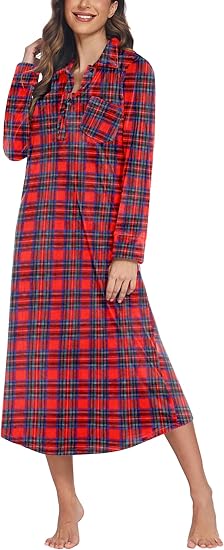 Ekouaer Women Flannel Nightgown Full Length Boyfriend Nightshirt Plaid Long Sleep Dress with Button Loungewear