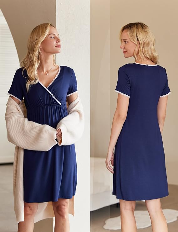 Ekouaer Nursing Nightgown Delivery and Labor Gown for Hospital Short Sleeve Maternity Breastfeeding Dress