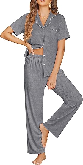 Ekouaer Womens Pajama Sets Button Down Pjs 2 Piece Short Sleeve Sleepwear with Pants Soft Loungewear