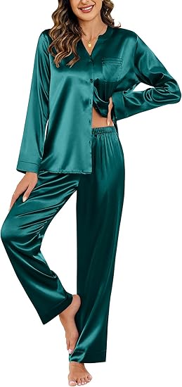 Ekouaer Silk Pajamas For Women 2 Piece Set Satin Pjs Long Sleeve Button Up Sleepwear Comfy Lounge sets