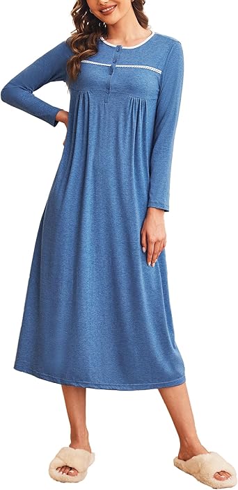 Ekouaer Women Long Sleeve Nightgowns Soft Henley Sleepshirts Full Length Sleep Dress