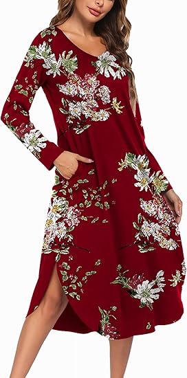 Ekouaer Womens Nightgown V Neck Nightshirts Long Sleeve Sleepwear with Pockets