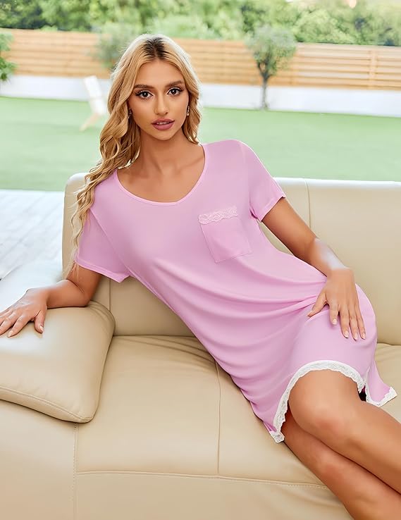 Ekouaer Nightgowns for Women Sexy Sleepshirts V Neck Short Sleeve Sleepwear Lace Trim Soft Night Shirts