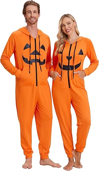 Ekouaer Christmas Onesie for Couples Zipper Hooded Adult Matching Onesie Pajamas with Pockets