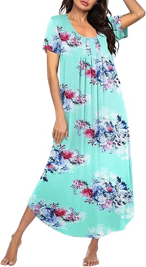 Ekouaer Long Nightgowns for Women House Dress Plus Size Sleepwear Pleated Full Length Loungwear