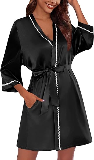 Ekouaer Women's Satin Robe Short Bridesmaid Bride Feather Bridal Robe Silky Long Sleeve Bathrobe