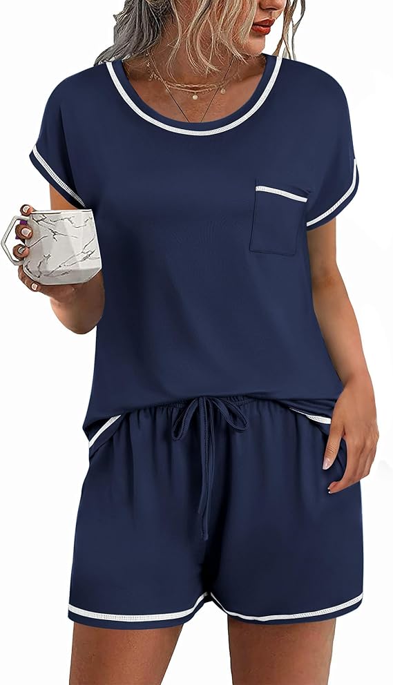Ekouaer Womens Pajama Sets 2 Piece Soft Short Sleeve Top and Shorts Sleepwear Round Neck Pjs Lounge Set with Pockets
