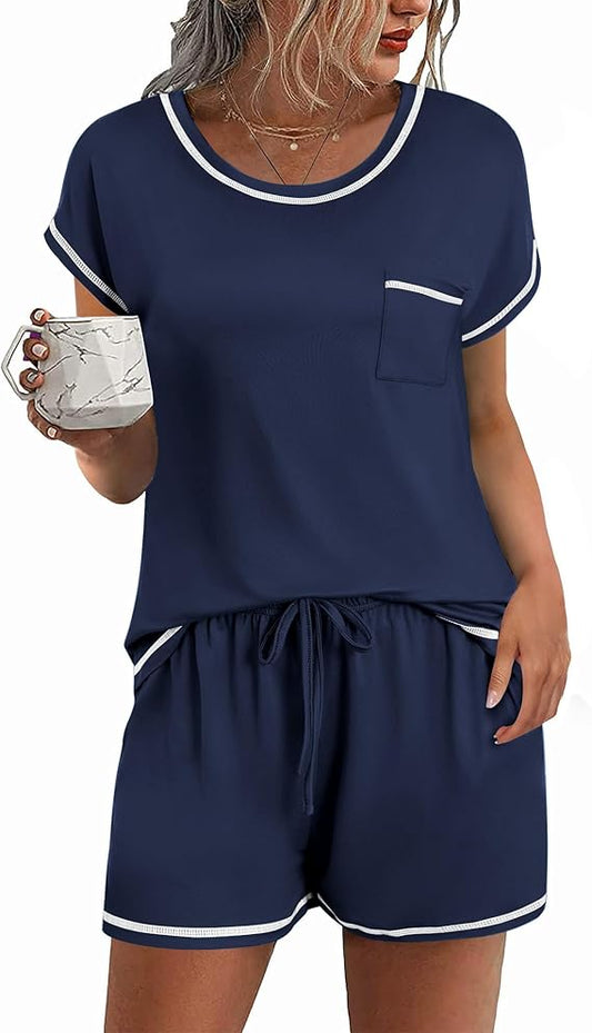 Ekouaer Womens Pajama Sets 2 Piece Soft Short Sleeve Top and Shorts Sleepwear Round Neck Pjs Lounge Set with Pockets