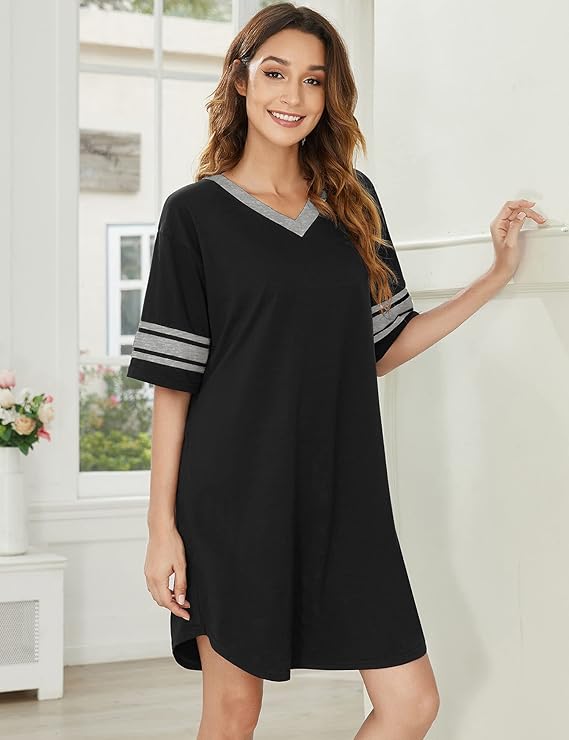 Ekouaer Womens Nightgown Cotton Sleepwear Short Sleeve Sleep Shirt V Neck Color Block Nightshirt