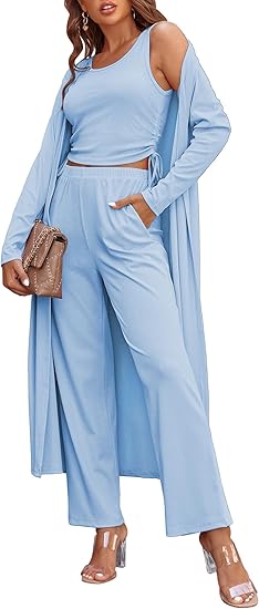Ekouaer Women's 3 Piece Lounge Set Pajama Long Sleeve Cardigan Sleeveless Top Pants Sweatsuit