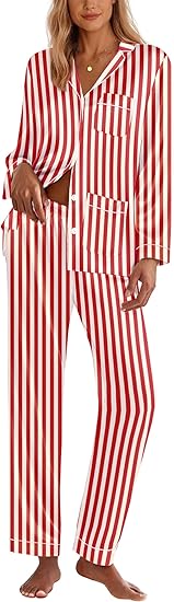 Ekouaer Silk Pajamas for Women Classic Button Down Satin Pajama Sets Long Sleeve Lounge Set