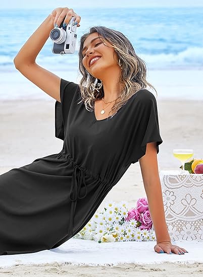 Ekouaer Womens Swimsuit Coverup Short Sleeve Beach Cover Up Dress V Neck Bikini Beachwear
