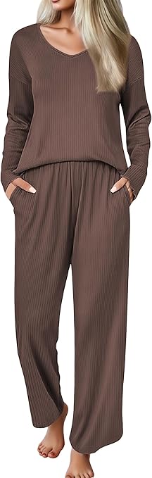 Ekouaer Womens Pajama Set Ribbed Knit PJs 2 Piece Lounge Set Long Sleeve Top and Pants Comfy Sleepwear with Pockets