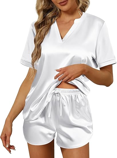 Ekouaer Silk Pajamas for Women Short Sleeve Satin Sleepwear Two-piece Pjs Set Soft V Neck Loungewear