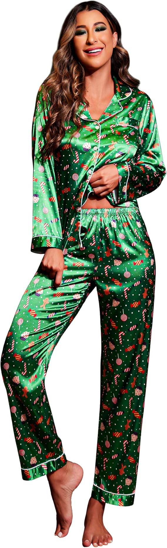 Ekouaer Women's Classic Button Down Long Satin Silk Pajama Set