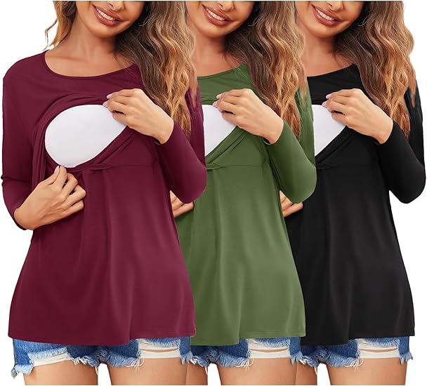 Ekouaer Women 3 Packs Nursing Shirts Long Sleeve Breastfeeding Tops Round Neck Postpartum Clothes Double Layer Maternity Tee