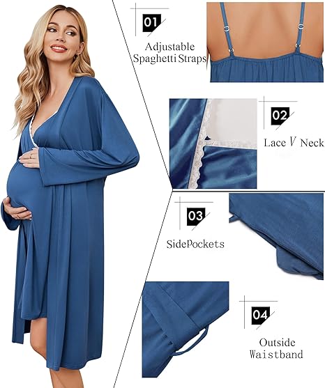 Ekouaer Women's Nursing Nightgown Maternity Nightgowns for Breastfeeding Postpartum Nightgown and Robe Pregnancy Clothes Navy Blue M