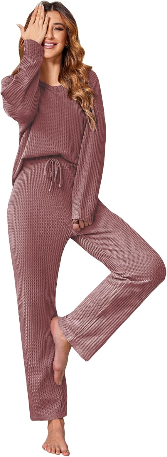 Ekouaer Women's Waffle Knit Pajama Sets Comfy Long Sleeve Lounge Sets 2 Piece Matching Pj Sets with Pockets