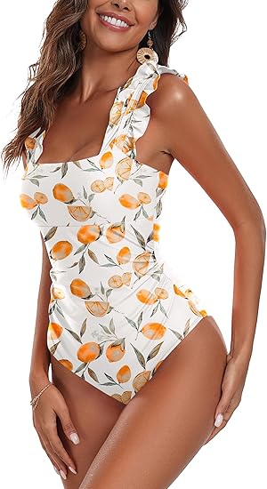 Ekouaer Women's One Piece Swimsuits Square Neck Tummy Control Bathing Suit with Adjustable Ruffled Straps Swimwear