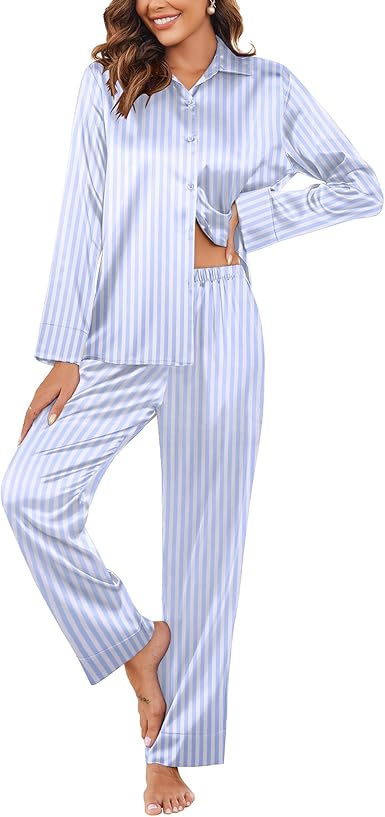 Ekouaer Classic Satin Pajamas for Women Long Sleeve Button Down Sleepwear Soft Silk Loungewear Pjs Set