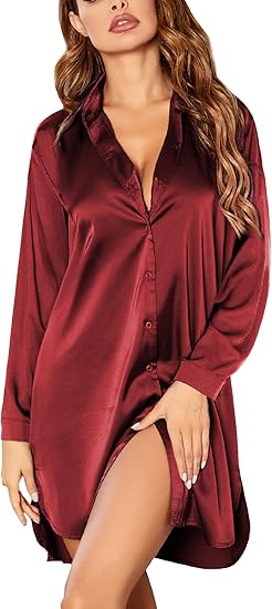 Ekouaer Satin Nightgown for Women Button Down Silk Sleepshirts V Neck Night Gown Long Sleeve Night Shirts