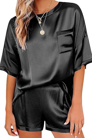 Ekouaer Satin Pajamas for Women Short Sleeve Silk Pajama Sets Soft Sleepwear Top with Causal Pj Shorts