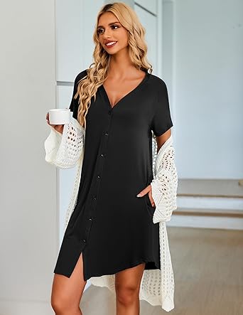 Ekouaer Women's Button Down Nightgown Short Sleeve Sleepshirt V Neck Night Shirt Soft Pajamas Dress with Pockets Black
