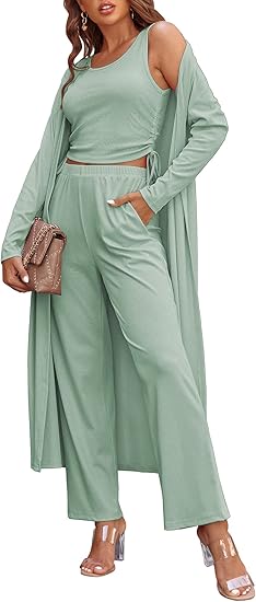 Ekouaer Women's 3 Piece Lounge Set Pajama Long Sleeve Cardigan Sleeveless Top Pants Sweatsuit