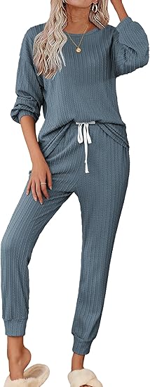 Ekouaer Womens Pajamas Set Ribbed Knit Long Sleeve Pullover Top Jogger Pants Set 2 Piece Lounge Set Sleepwear Tracksuit