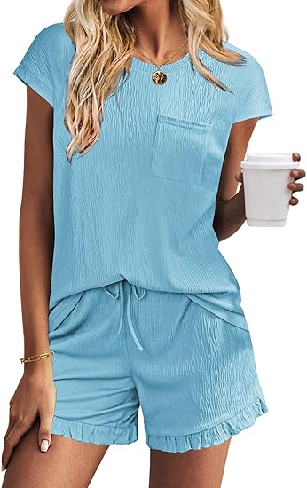 Ekouaer Womens Pajama Set Cap Sleeve Tops and Ruffle Shorts Lounge Set 2 Piece Pj Sets Casual Sleepwear with Pockets