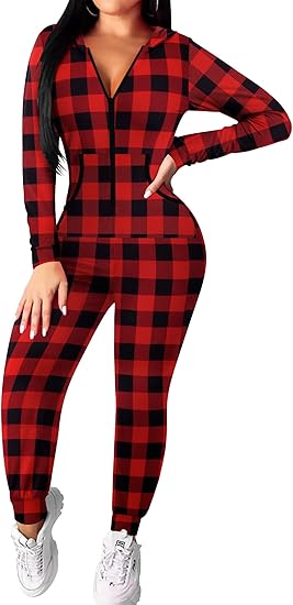 Ekouaer Christmas Onesie for Women Hooded Jumpsuit Long Sleeve Zip Up One Piece Pajamas Novelty Sleepwear