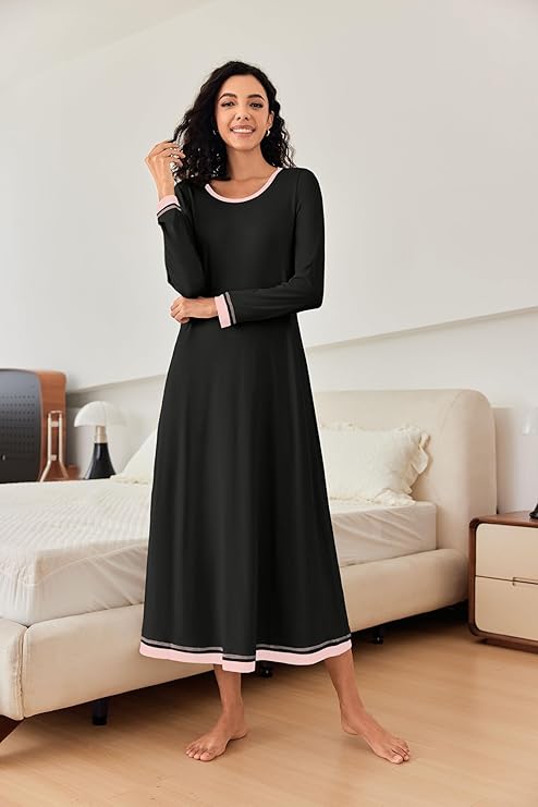 Ekouaer Nightgown Women Long Sleeve Sleepwear Full Length Long Nightshirt Soft Loungewear