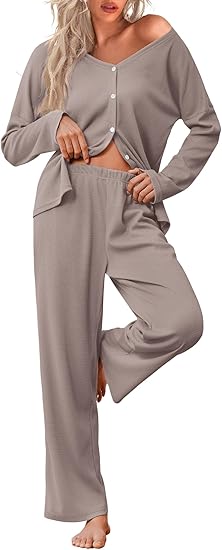 Ekouaer Womens Waffle Knit Pajamas Loungewear Two-piece Sleepwear Button-Down Pj Set with Pockets