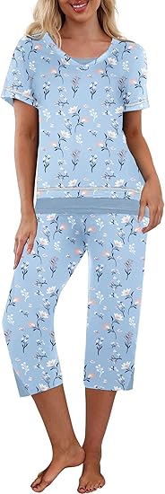 Ekouaer Capri Pajama Sets for Women Short Sleeve Tops Sleepwear Sleep Sets Pjs Sets Soft Two Piece Loungewear Sets Black XL