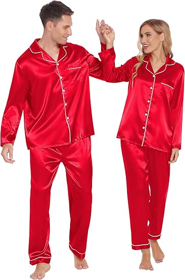 Ekouaer Couples Matching Pajamas Silk Long Sleeve Sleepwear Satin Soft Button Down Loungewear Pjs Set