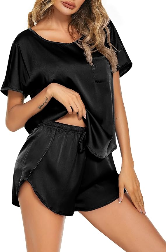 Ekouaer Women Satin Pajama Set Short Sleeve Lightweight Silk Pajama Set 2 Piece Lounge Sets with Shorts