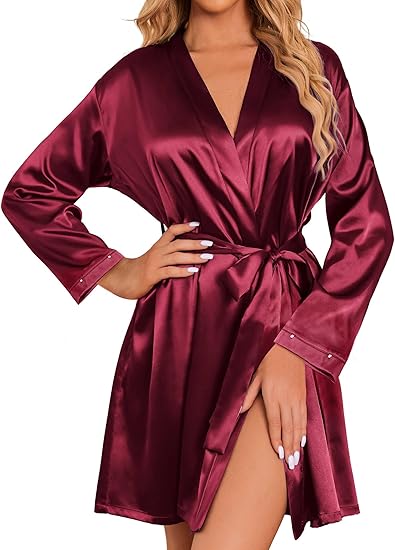 Ekouaer Women's Satin Robe Short Bridesmaid Bride Feather Bridal Robe Silky Long Sleeve Bathrobe