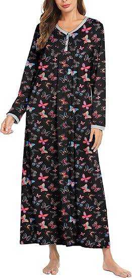 Ekouaer Women's Long Sleeve Nightgown Full Length Sleepwear Long Sleepshirts Henley Sleep Dress