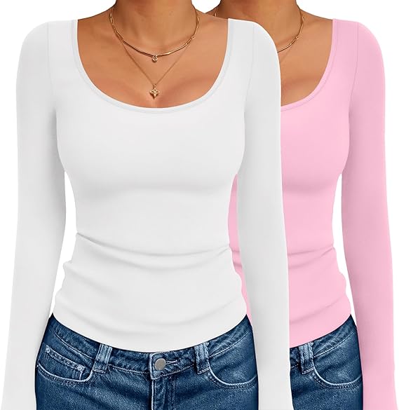 Ekouaer 2 Pack Long Sleeve Shirts for Womens Scoop Neck Tops Slim Fit Undershirts Basic Thermal Tee Shirt