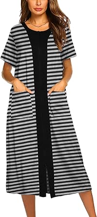 Ekouaer Robes For Women Zipper Front Bathrobe Short Sleeve House Coat Long Nightgown With Pockets Soft Loungewear