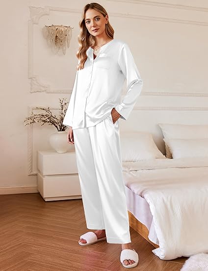 Ekouaer Silk Pajamas For Women 2 Piece Set Satin Pjs Long Sleeve Button Up Sleepwear Comfy Lounge sets