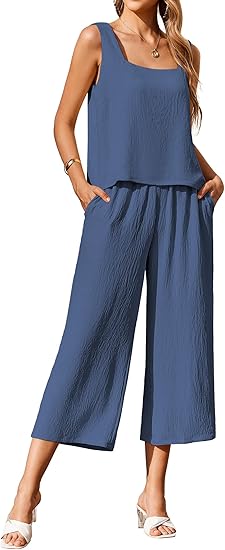 Ekouear Women's 2 Piece Outfits Sleeveless Top Capri Pants Matching Lounge Set Vacation Clothes