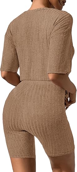 Ekouaer Pajamas 2 Piece Lounge Sets Ribbed Knit Matching Outfits T-shirt Biker Shorts Sleepwear Loungewear Sweatsuits