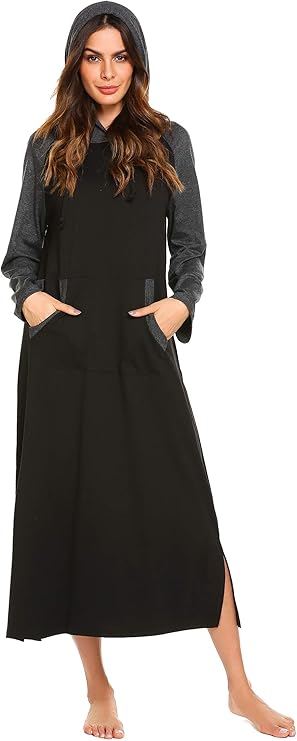 Ekouaer Nightgowns for Women Cotton Nightgown Long Sleeve Hooded Night Gown Contrast Color Full Length Loungewear with Pocket